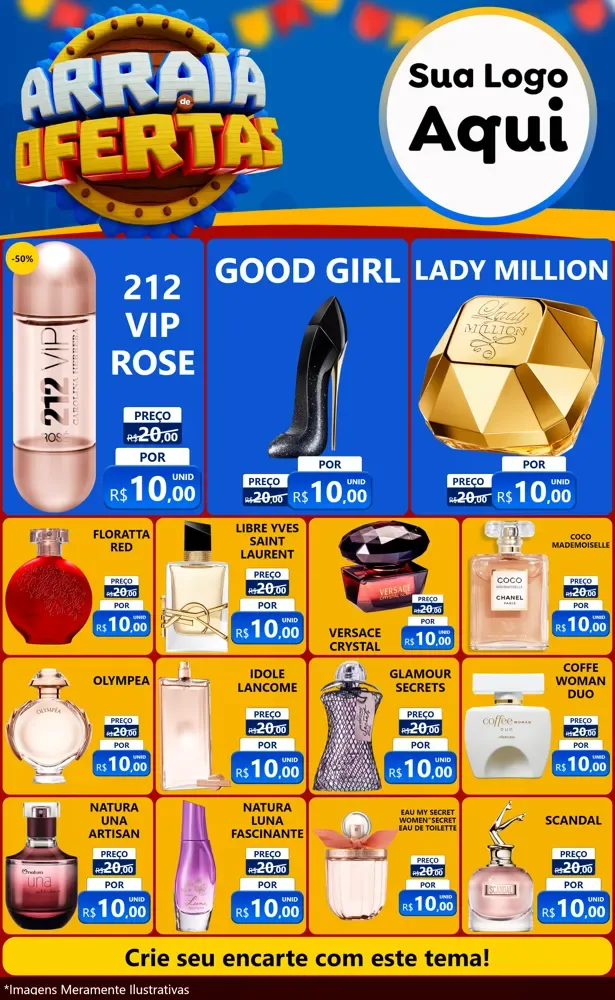 Modelo de Encarte para Encarte Grande com o tema Arraiá de Ofertas - Junina para Perfumes
