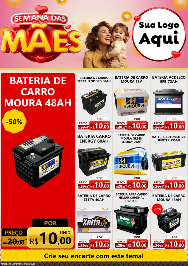 Modelo de Encarte para Encarte A4 Vertical com o tema Semana das Mães para Baterias Elétricas