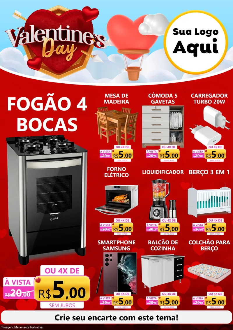 Modelo de Encarte para Encarte A4 Vertical com o tema Valentine's Day para Móveis e Eletro