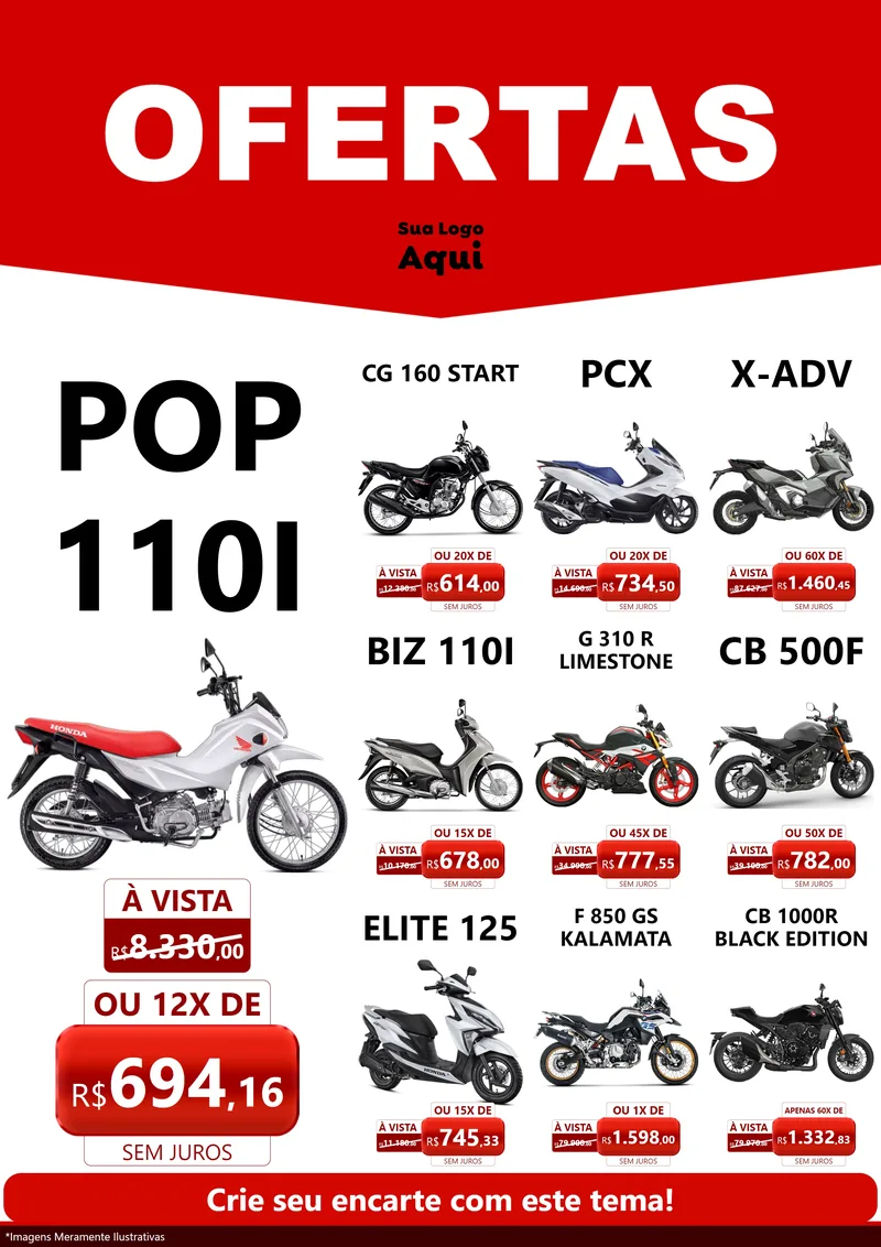 Modelo de Encarte para Encarte A4 Vertical com o tema Ofertas Vermelho Cartaz para Concessionaria de Motos