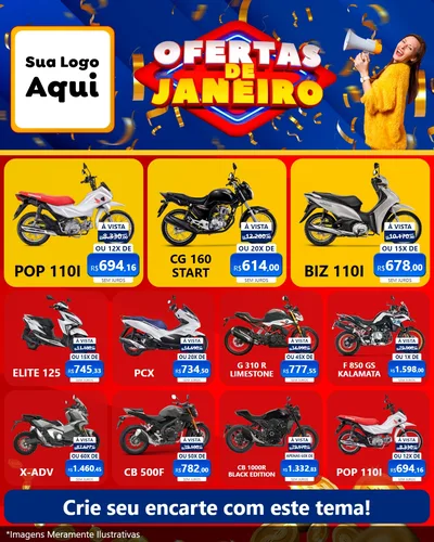 Modelo de Rede Social para Feed Instagram com o tema Ofertas de Janeiro para Concessionaria de Motos