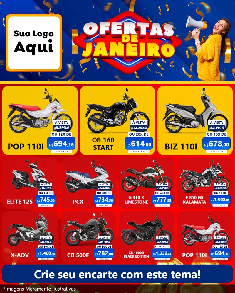 Modelo de Rede Social para Feed Instagram com o tema Ofertas de Janeiro para Concessionaria de Motos