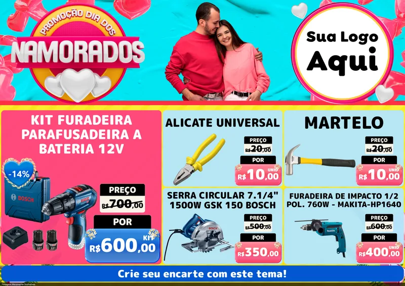 Modelo de Encarte para Encarte A4 Horizontal com o tema Promoção Dia dos Namorados para Maquinas e Ferramentas