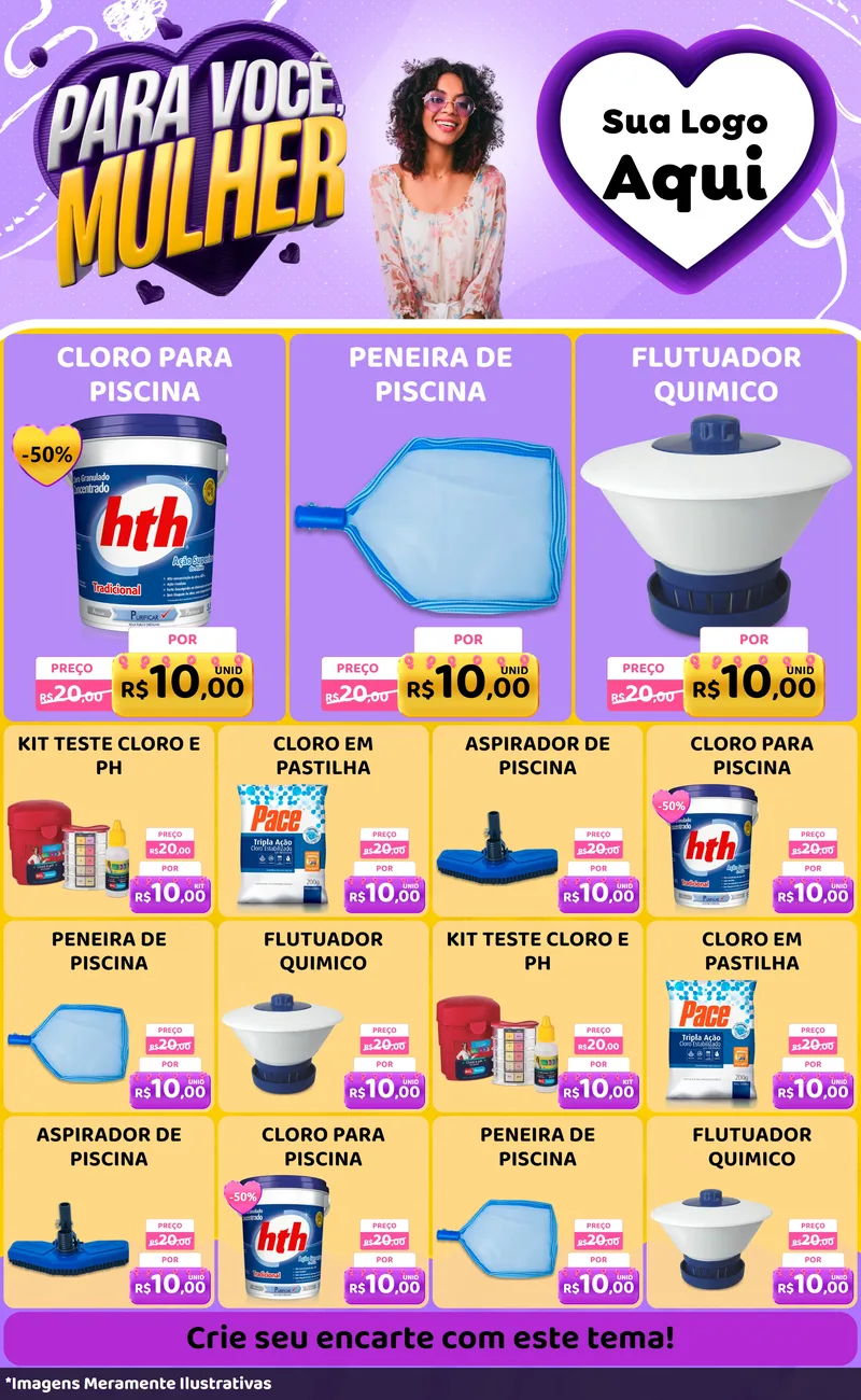 Modelo de Encarte para Encarte Grande com o tema Para Você, Mulher para Produtos para Piscina