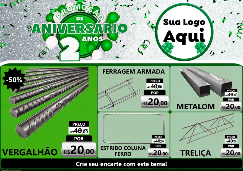 Modelo de Encarte para Encarte A4 Horizontal com o tema Promoção de Aniversário - 2 Anos para Ferragens