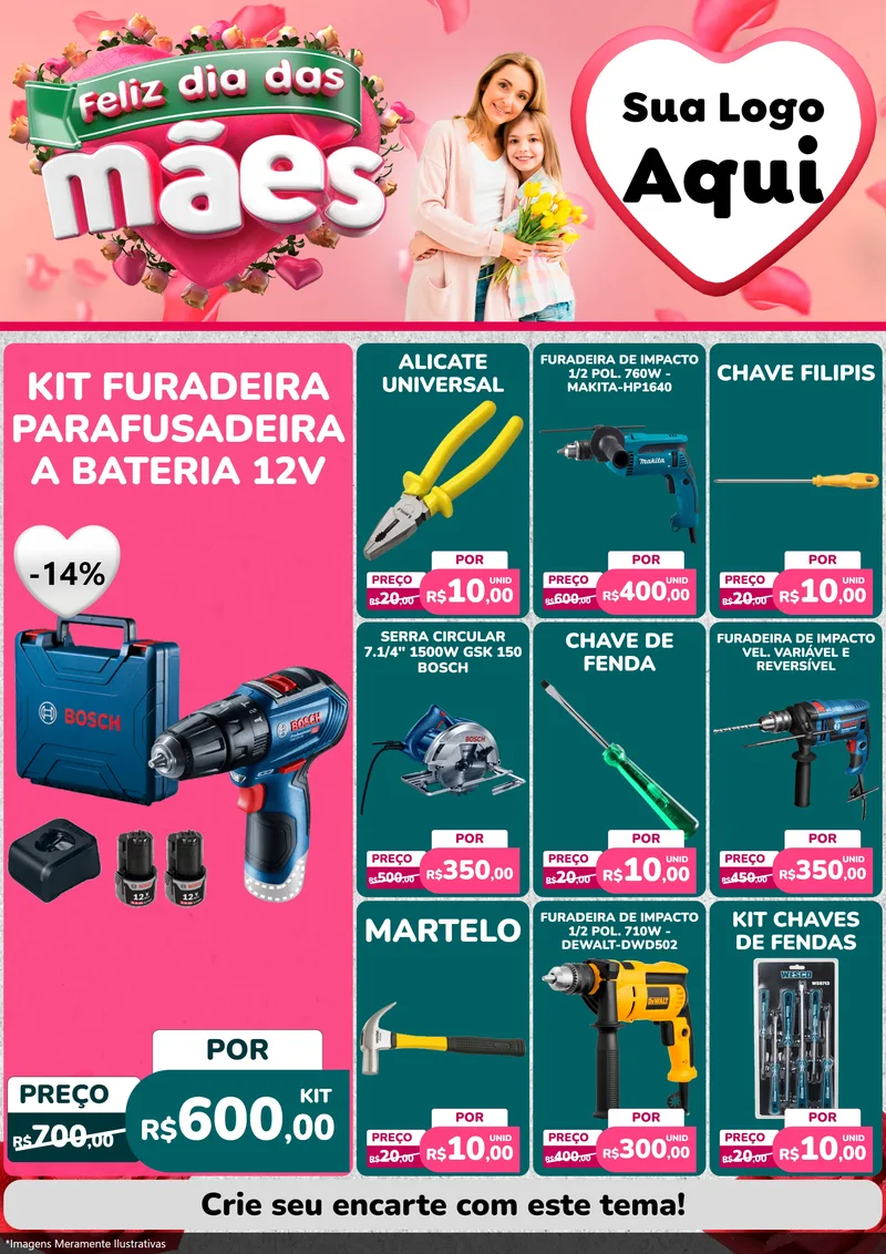 Modelo de Encarte para Encarte A4 Vertical com o tema Feliz Dia das Mães para Maquinas e Ferramentas