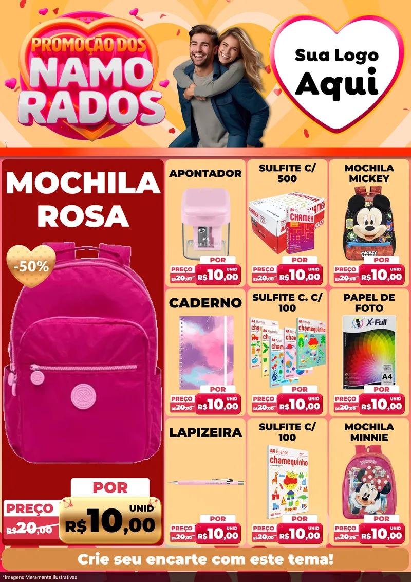 Modelo de Encarte para Encarte A4 Vertical com o tema Promoção dos Namorados para Papelaria