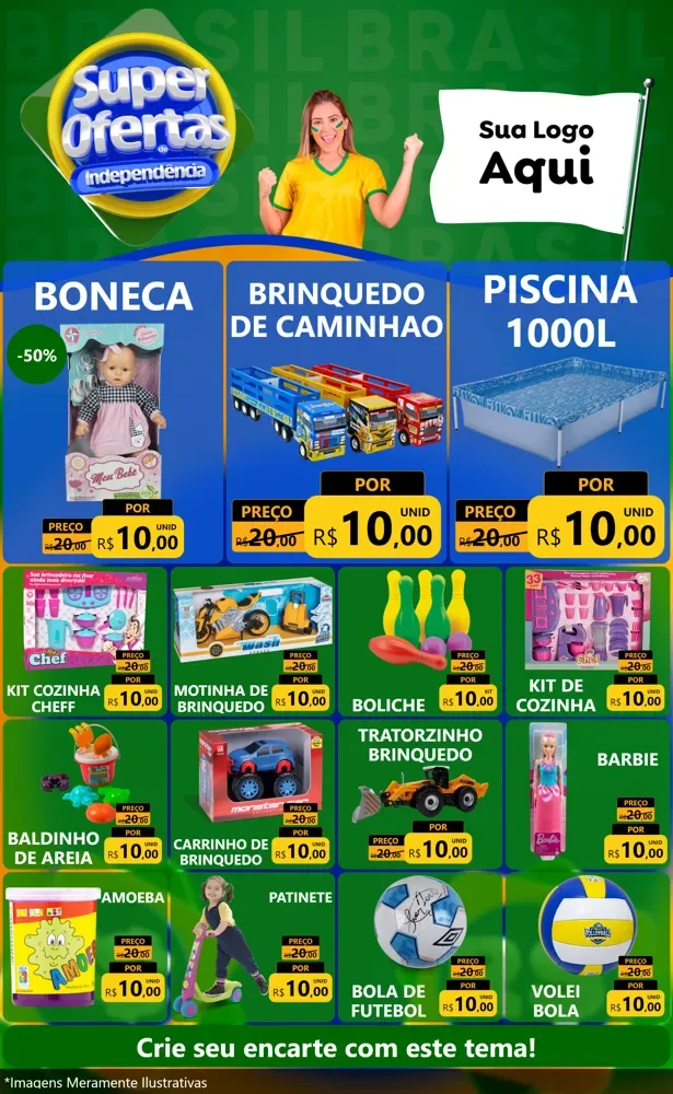 Modelo de Encarte para Encarte Grande com o tema Super Ofertas de Independência para Brinquedos