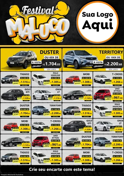 Modelo de Encarte para Encarte A4 Vertical com o tema Festival Maluco para Concessionaria de Carros