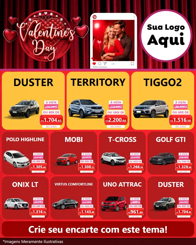 Modelo de Rede Social para Feed Instagram com o tema Valentine's Day para Concessionaria de Carros