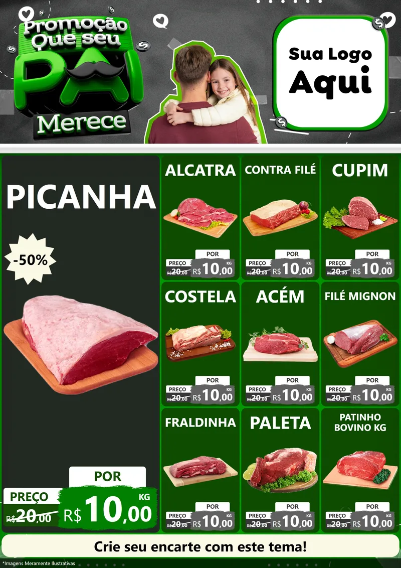 Modelo de Encarte para Encarte A4 Vertical com o tema Promoção Que seu Pai Merece para Açougue