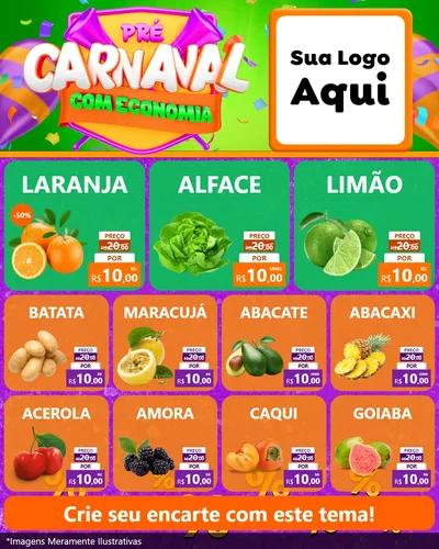 Modelo de Rede Social para Feed Instagram com o tema Pré-Carnaval Com Economia para Hortifrúti