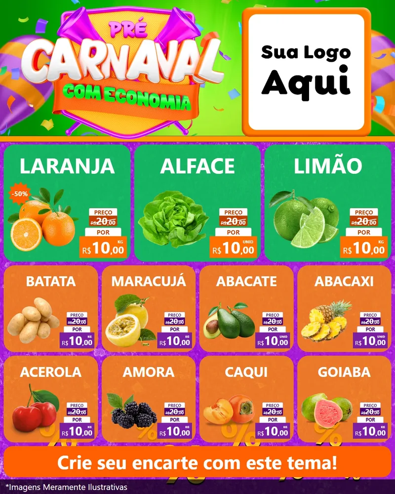 Modelo de Rede Social para Feed Instagram com o tema Pré-Carnaval Com Economia para Hortifrúti