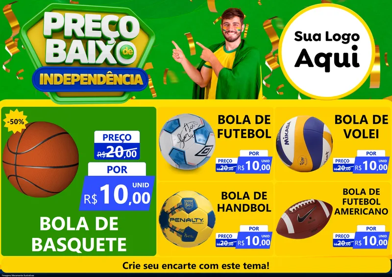 Modelo de Encarte para Encarte A4 Horizontal com o tema Preço Baixo de Independência para Artigos Esportivos