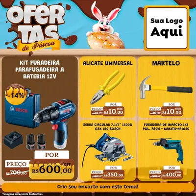 Modelo de Rede Social para Feed Facebook com o tema Ofertas de Páscoa para Maquinas e Ferramentas