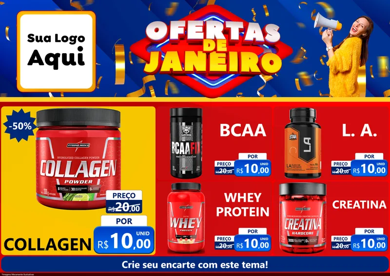 Modelo de Encarte para Encarte A4 Horizontal com o tema Ofertas de Janeiro para Suplementos alimentares
