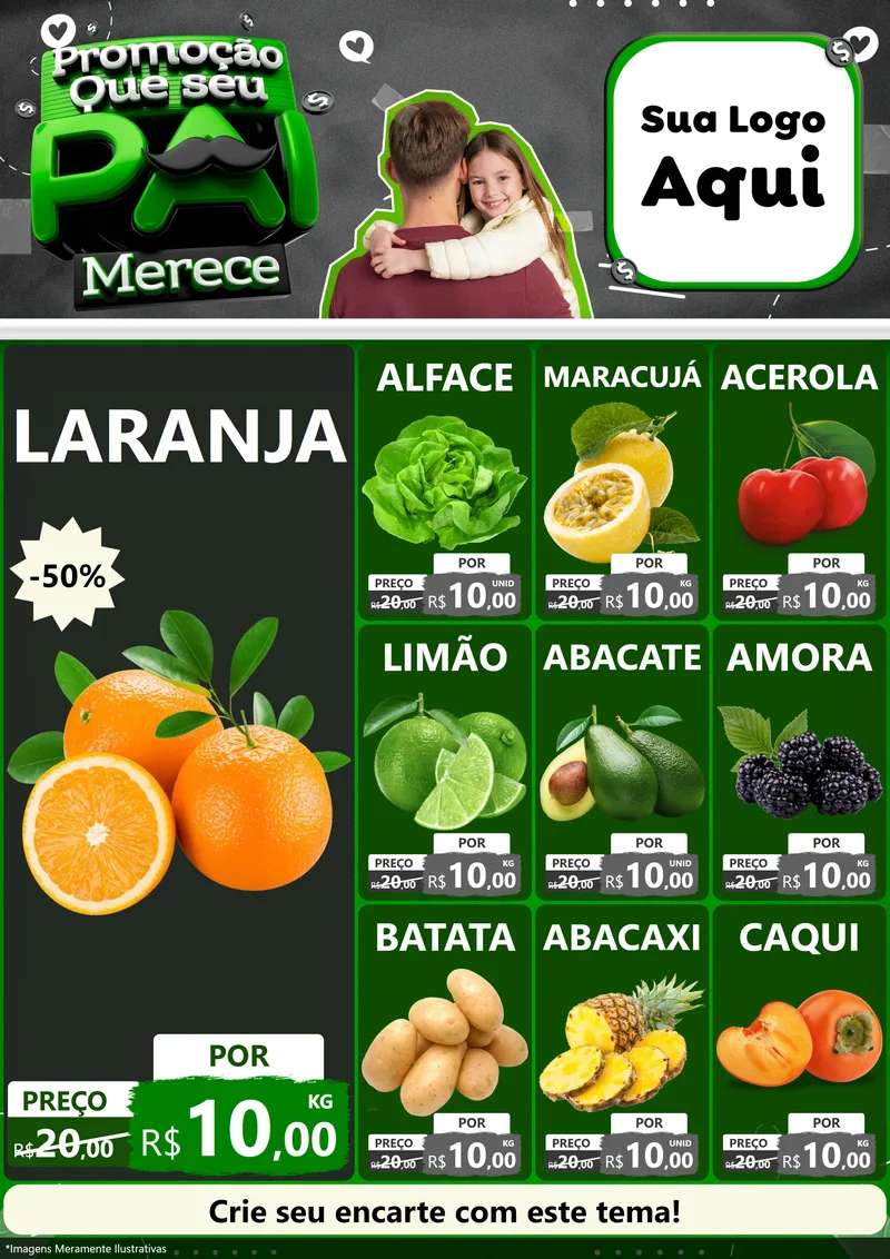 Modelo de Encarte para Encarte A4 Vertical com o tema Promoção Que seu Pai Merece para Hortifrúti