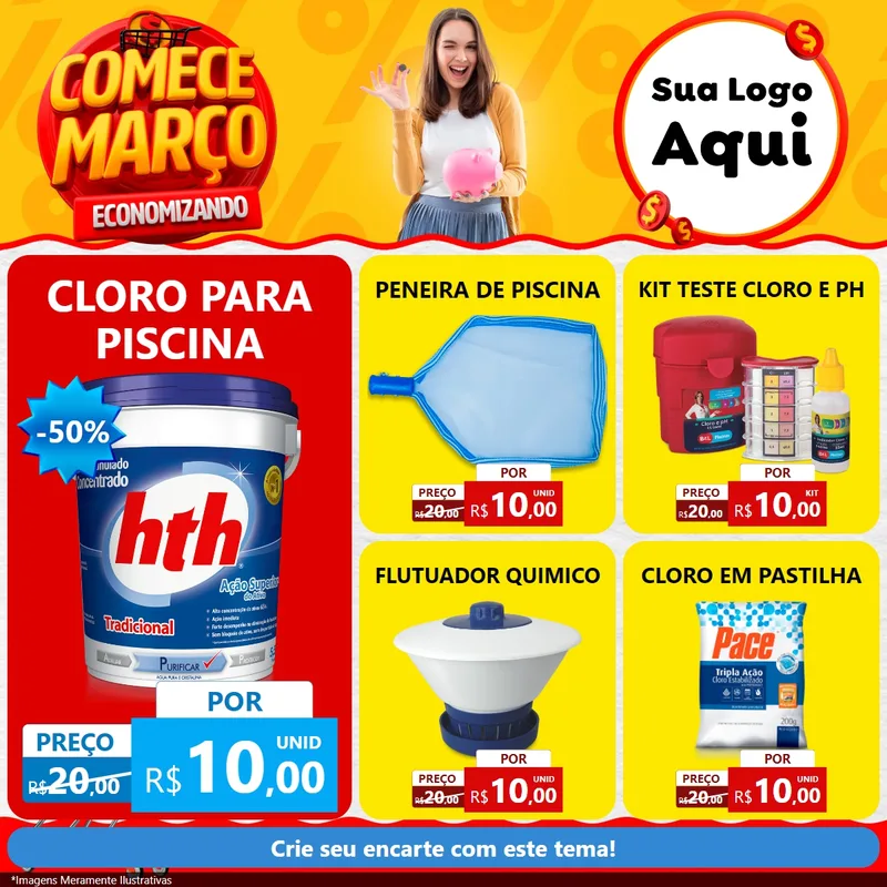Modelo de Rede Social para Feed Facebook com o tema Comece Março Economizando para Produtos para Piscina