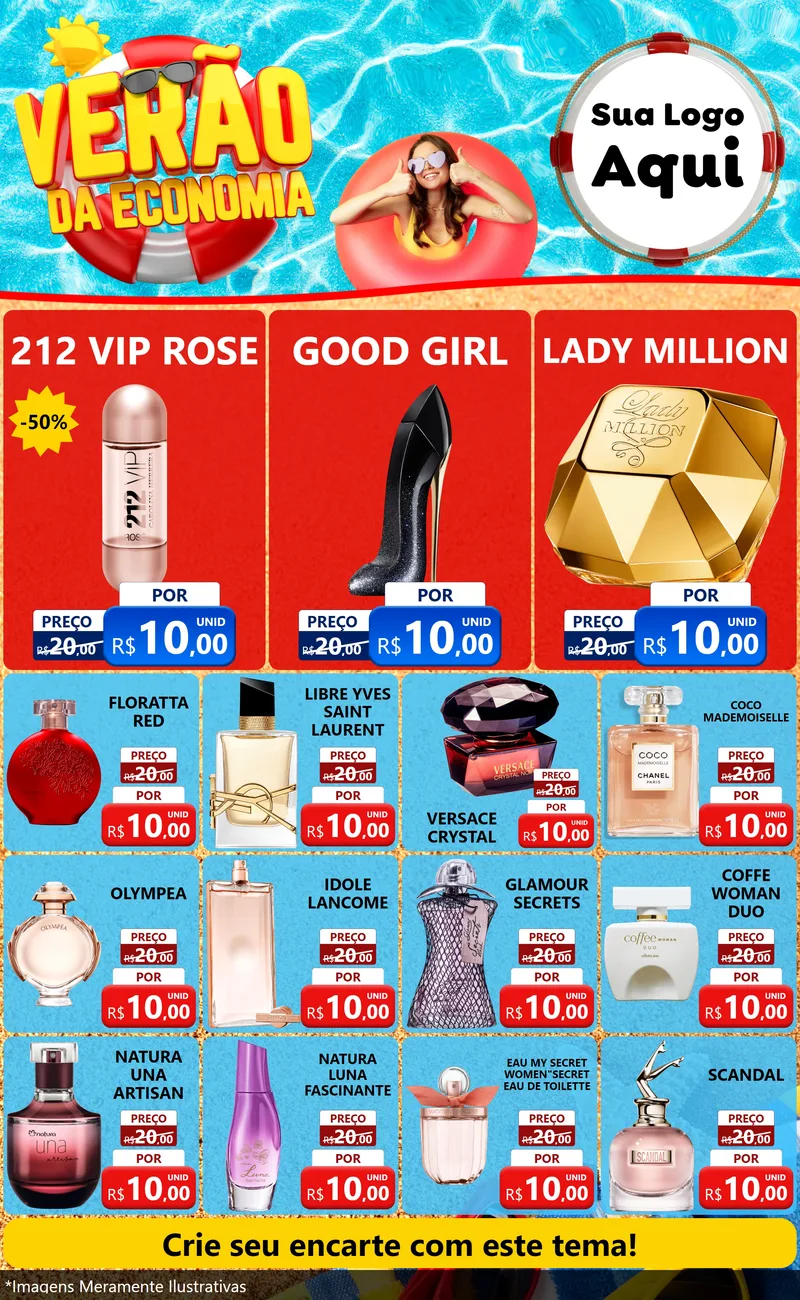 Modelo de Encarte para Encarte Grande com o tema Verão da Economia para Perfumes