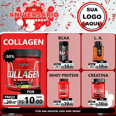 Modelo de Rede Social para Feed Facebook com o tema Promoção de Aniversário - 3 Anos para Suplementos alimentares