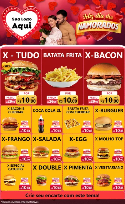 Modelo de Encarte para Encarte Grande com o tema Feliz Dia Dos Namorados para Hamburgueria
