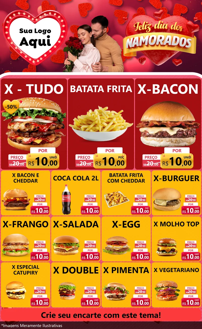 Modelo de Encarte para Encarte Grande com o tema Feliz Dia Dos Namorados para Hamburgueria