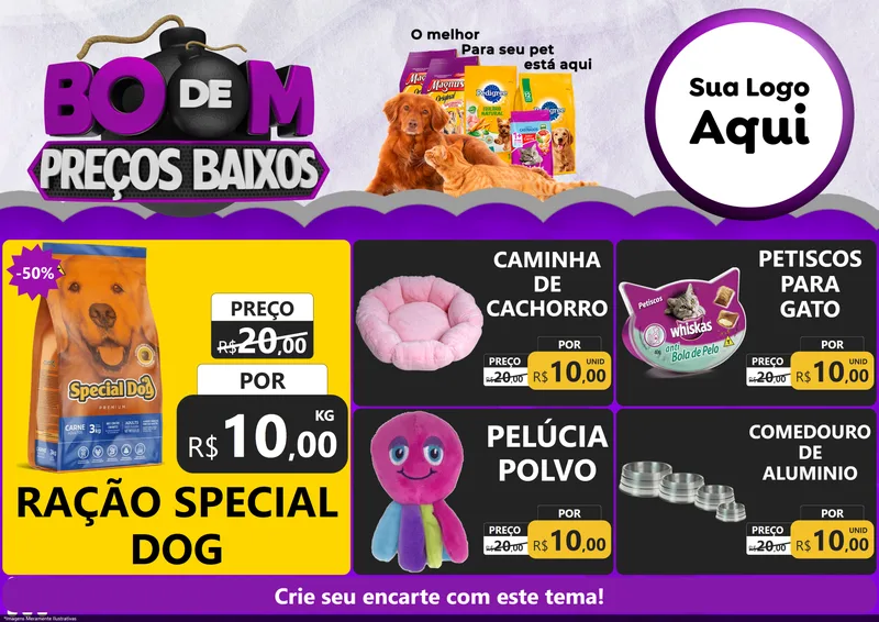 Modelo de Encarte para Encarte A4 Horizontal com o tema Boom de Preços Baixos para Pet Shop
