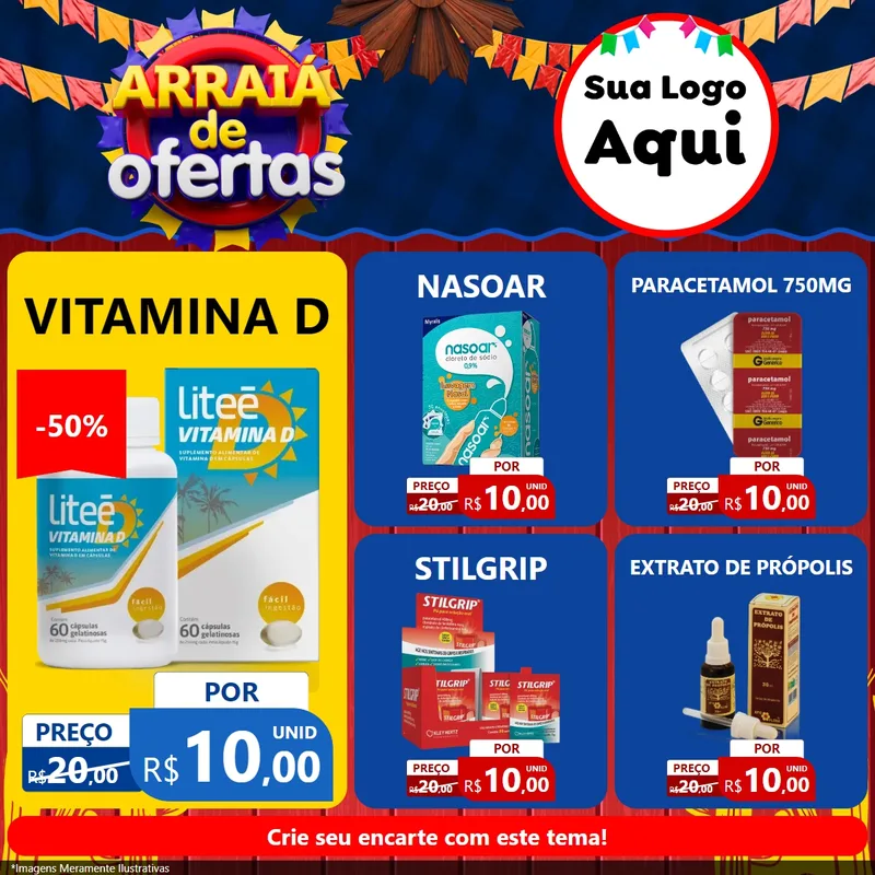 Modelo de Rede Social para Feed Facebook com o tema Arraiá de Ofertas para Farmácia