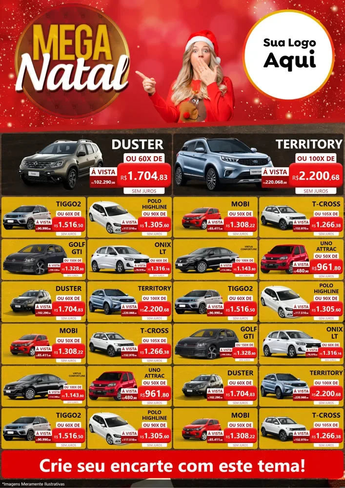 Modelo de Encarte para Encarte A4 Vertical com o tema Mega Natal para Concessionaria de Carros
