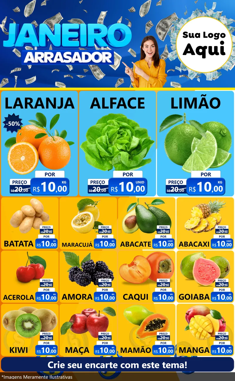 Modelo de Encarte para Encarte Grande com o tema Janeiro Arrasador para Hortifrúti
