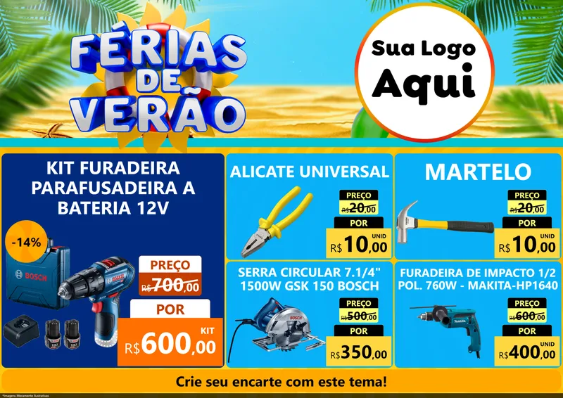 Modelo de Encarte para Encarte A4 Horizontal com o tema Férias de Verão para Maquinas e Ferramentas
