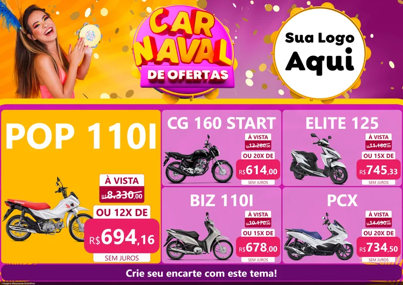 Modelo de Encarte para Encarte A4 Horizontal com o tema Carnaval de Ofertas para Concessionaria de Motos