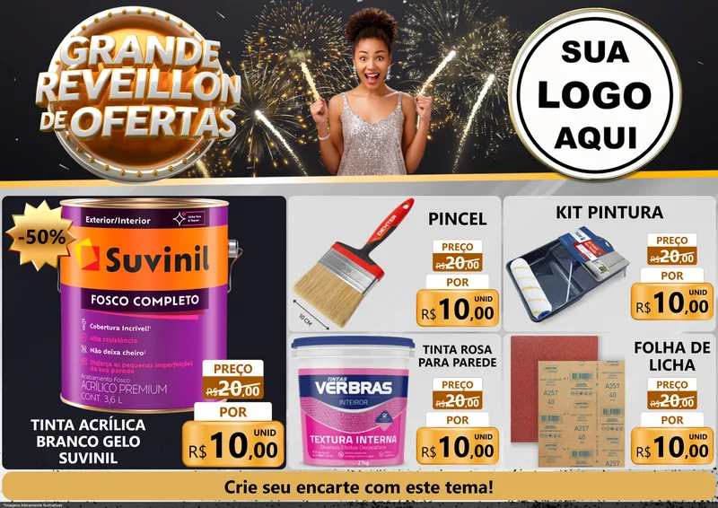Modelo de Encarte para Encarte A4 Horizontal com o tema Grande Réveillon de Ofertas para Tintas e Ferramentas