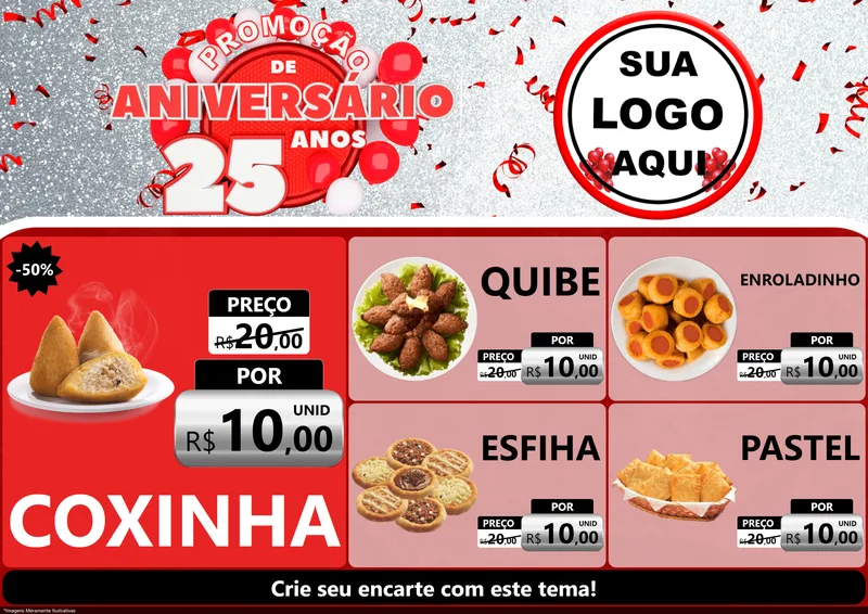 Modelo de Encarte para Encarte A4 Horizontal com o tema Promoção de Aniversário - 25Anos para Salgadaria