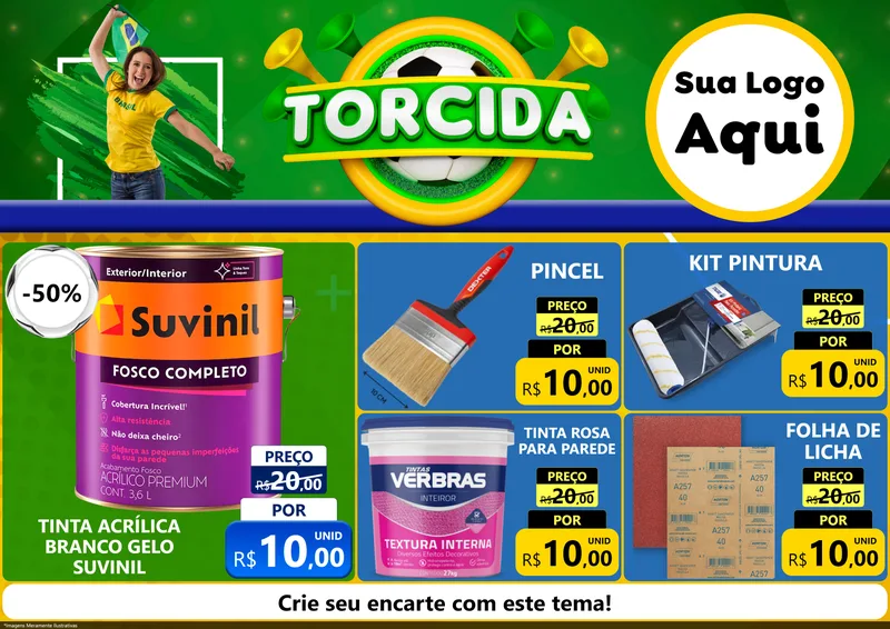 Modelo de Encarte para Encarte A4 Horizontal com o tema Torcida para Tintas e Ferramentas