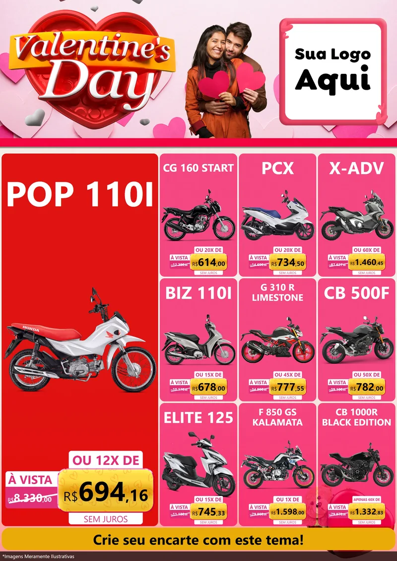 Modelo de Encarte para Encarte A4 Vertical com o tema Valentine's Day para Concessionaria de Motos