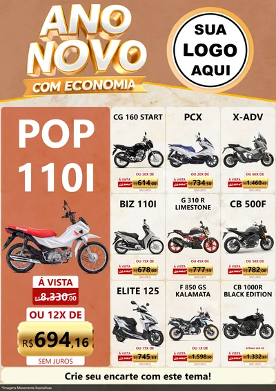 Modelo de Encarte para Encarte A4 Vertical com o tema Ano Novo Com Economia para Concessionaria de Motos