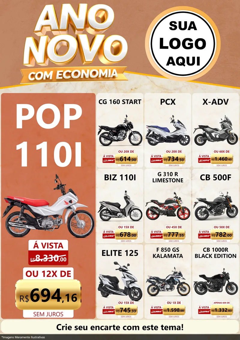Modelo de Encarte para Encarte A4 Vertical com o tema Ano Novo Com Economia para Concessionaria de Motos