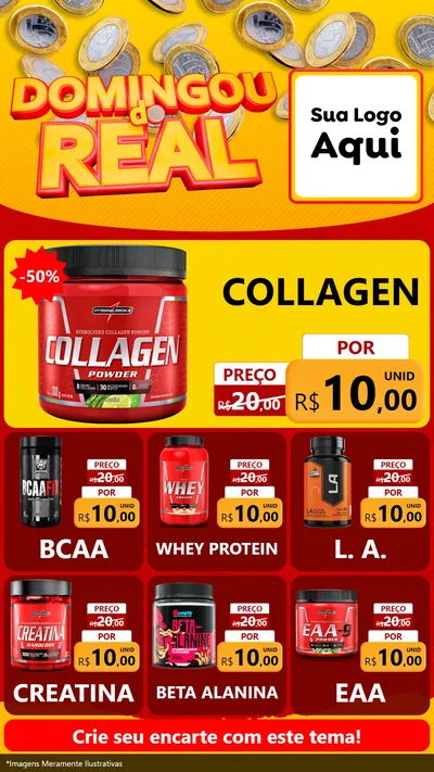 Modelo de Rede Social para Stories com o tema Domingou do Real para Suplementos alimentares