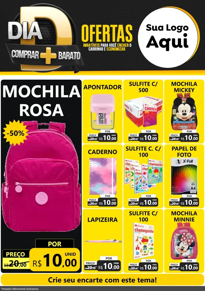 Modelo de Encarte para Encarte A4 Vertical com o tema Dia D Mais Economia para Papelaria