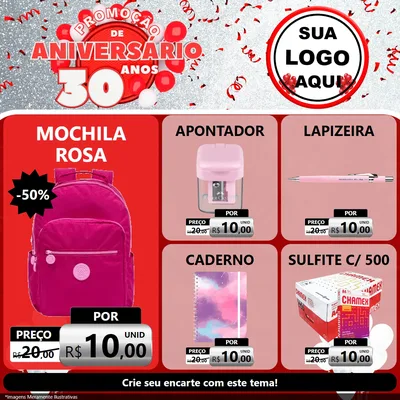 Modelo de Rede Social para Feed Facebook com o tema Promoção de Aniversário - 30 Anos para Papelaria