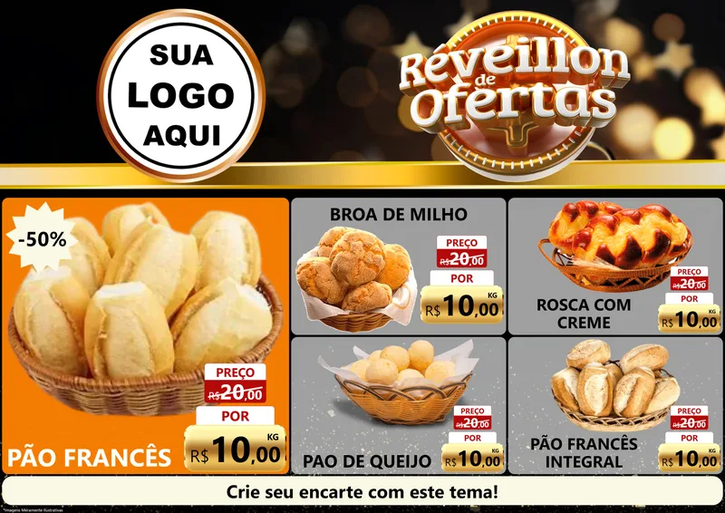 Modelo de Encarte para Encarte A4 Horizontal com o tema Réveillon de Ofertas para Padaria
