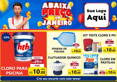 Modelo de Encarte para Encarte A4 Horizontal com o tema Abaixa Preço em Janeiro para Produtos para Piscina