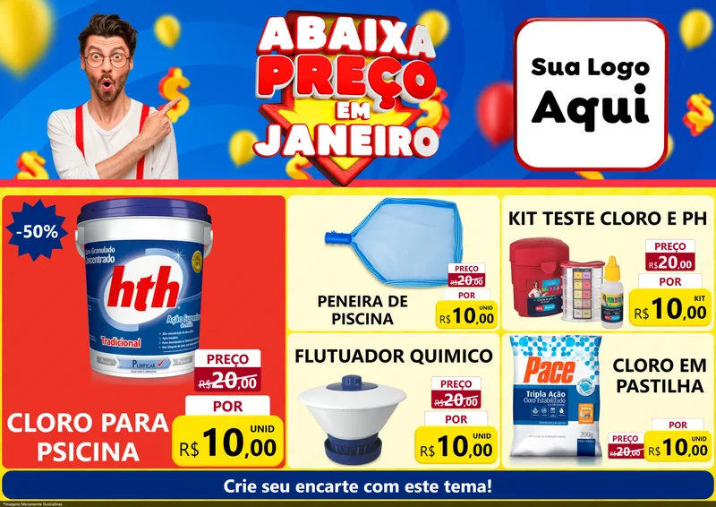Modelo de Encarte para Encarte A4 Horizontal com o tema Abaixa Preço em Janeiro para Produtos para Piscina
