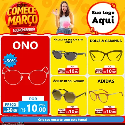 Modelo de Rede Social para Feed Facebook com o tema Comece Março Economizando para Óticas