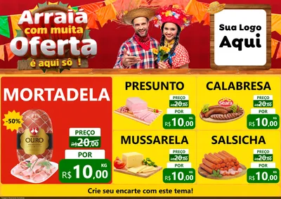 Modelo de Encarte para Encarte A4 Horizontal com o tema Arraiá Com Muita Oferta - É Aqui Sô! para Frios e Laticínios
