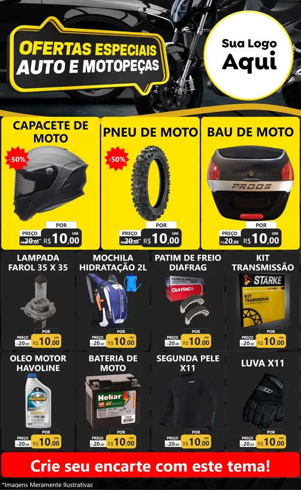 Modelo de Encarte para Encarte Grande com o tema Ofertas Especiais Auto e Motopeças para Moto peças