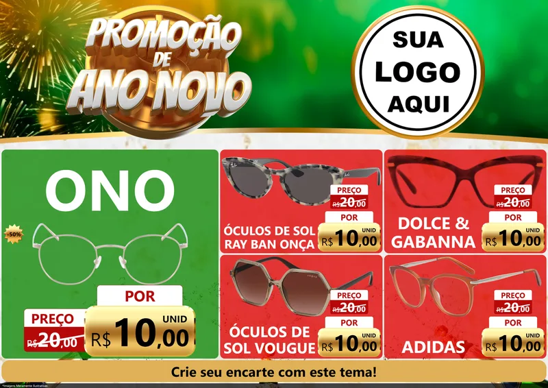 Modelo de Encarte para Encarte A4 Horizontal com o tema Promoção de Ano Novo para Óticas