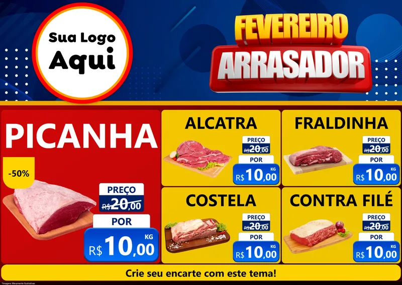 Modelo de Encarte para Encarte A4 Horizontal com o tema Fevereiro Arrasador para Açougue
