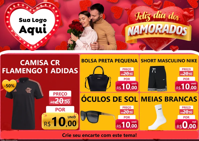 Modelo de Encarte para Encarte A4 Horizontal com o tema Feliz Dia Dos Namorados para Roupas e acessórios